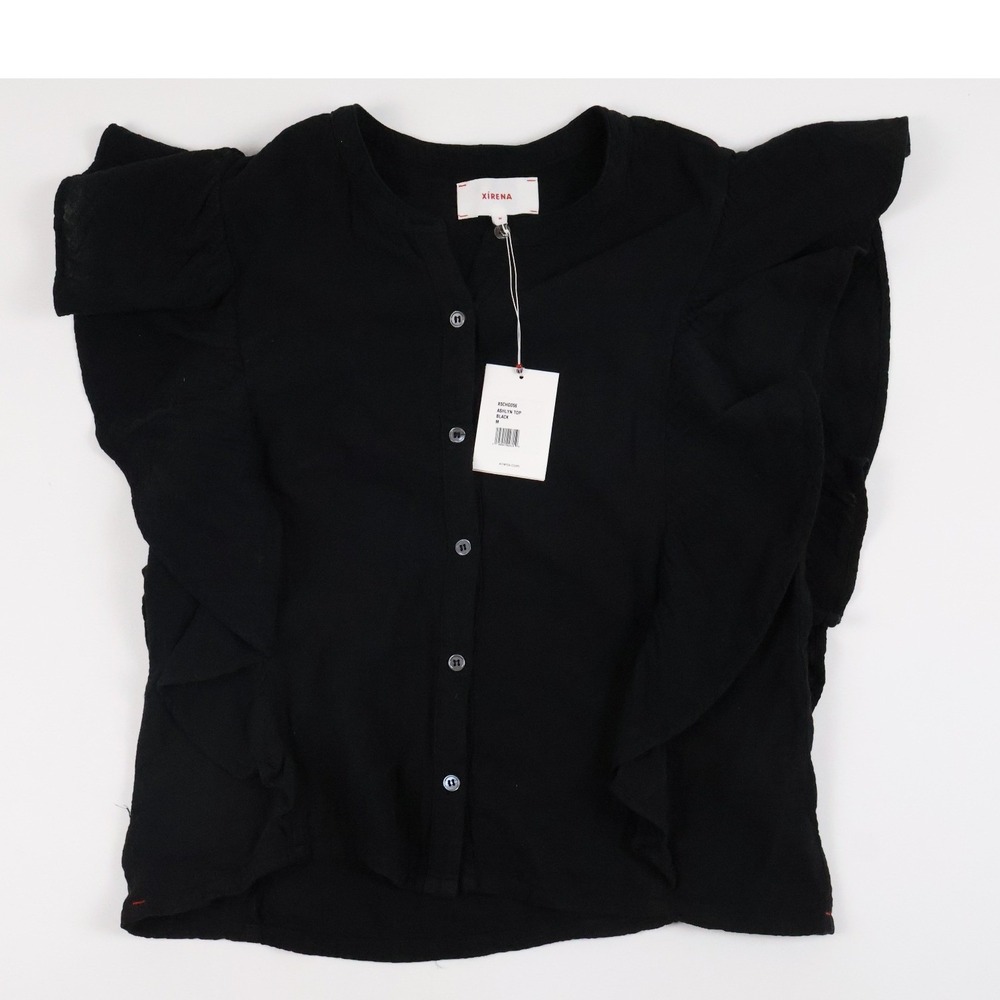 Xirena Ashlyn Top Black Ruffle Flutter Sleeve Button Down Medium NWT $185